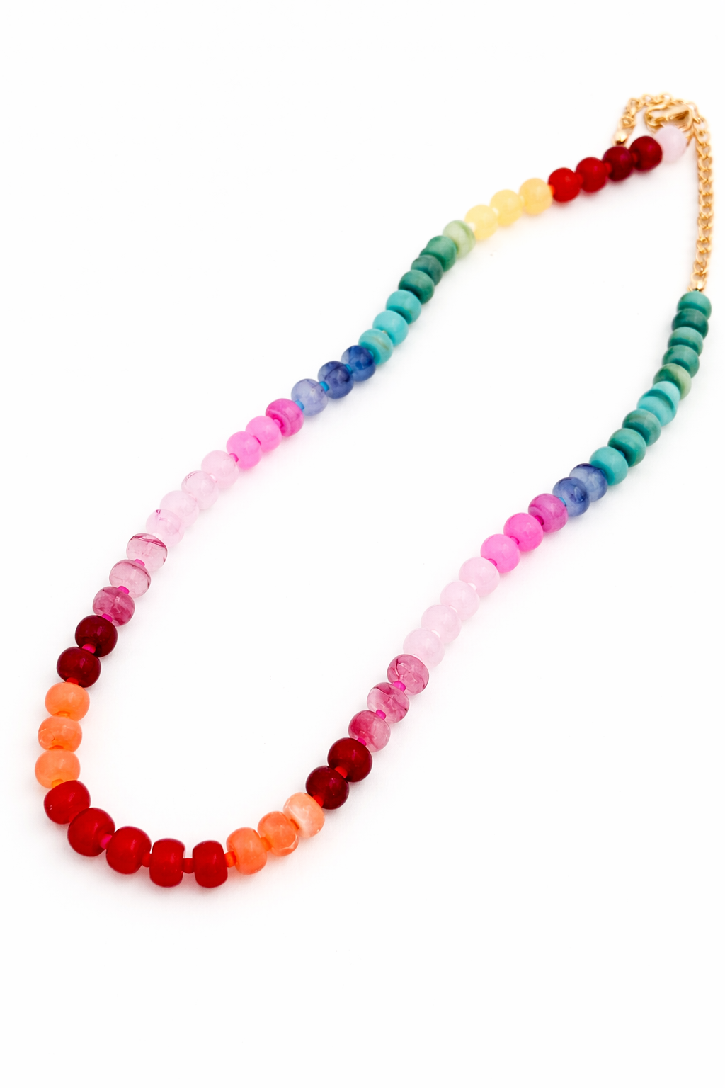 Necklace with multicolored beads on a white background