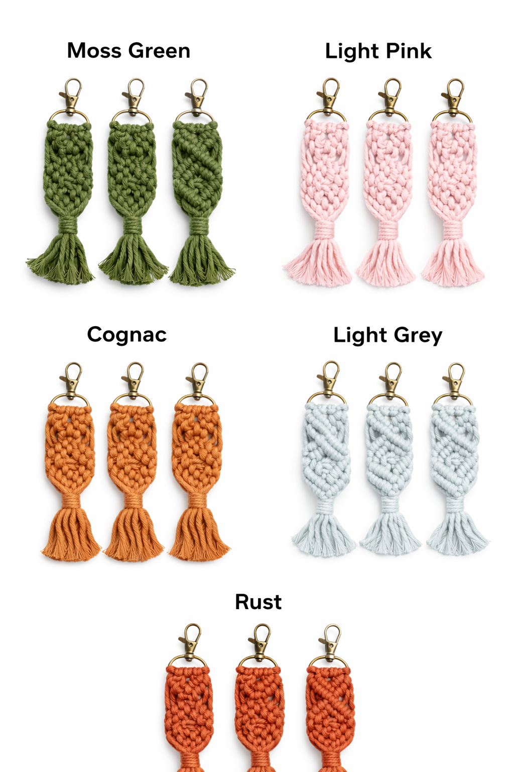 Set of braided keychains in various colors on a white background