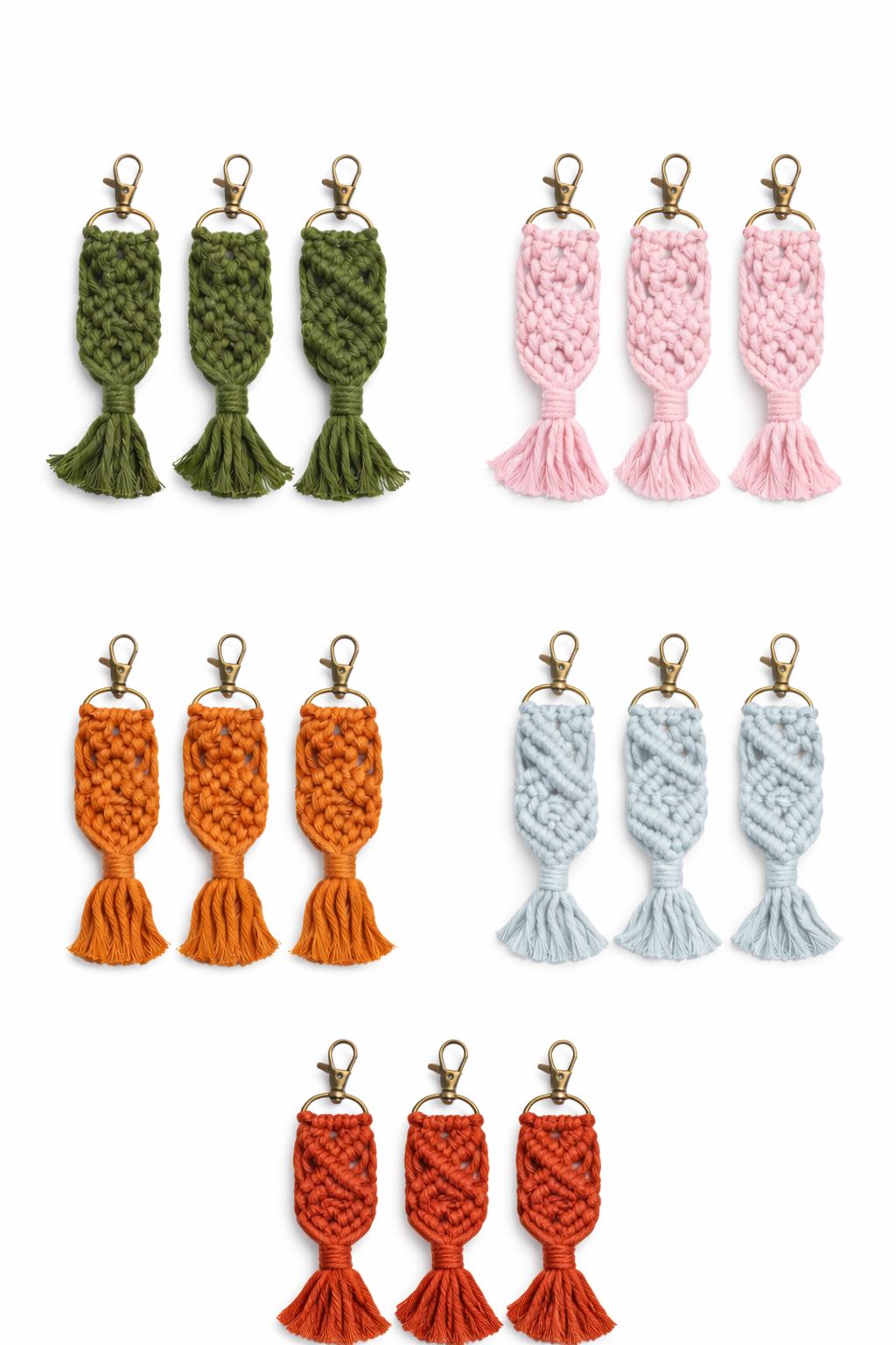 Set of braided keychains in various colors on a white background