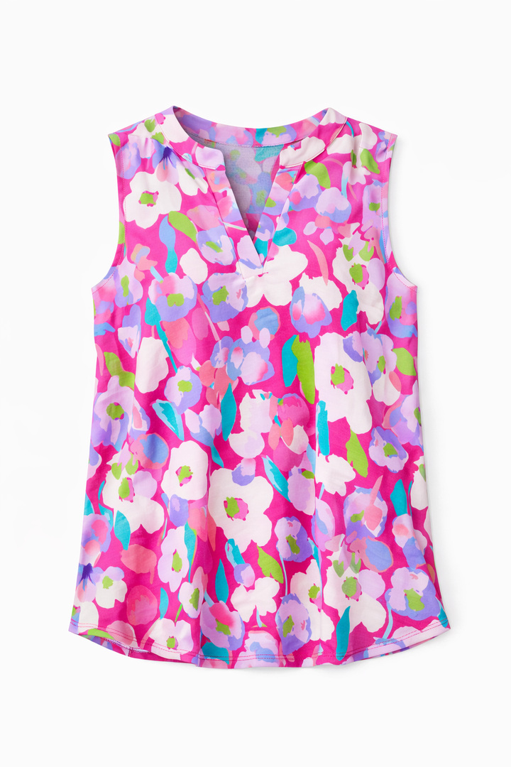 Colorful floral sleeveless top on a white background