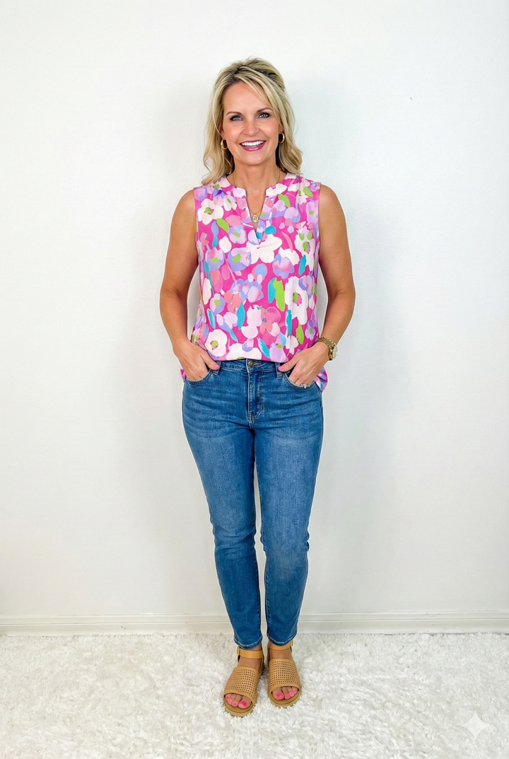 Woman wearing a floral sleeveless top and blue jeans against a white background