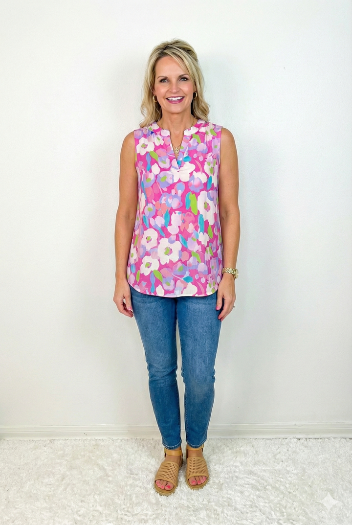 Woman wearing a colorful floral sleeveless top and blue jeans against a white background