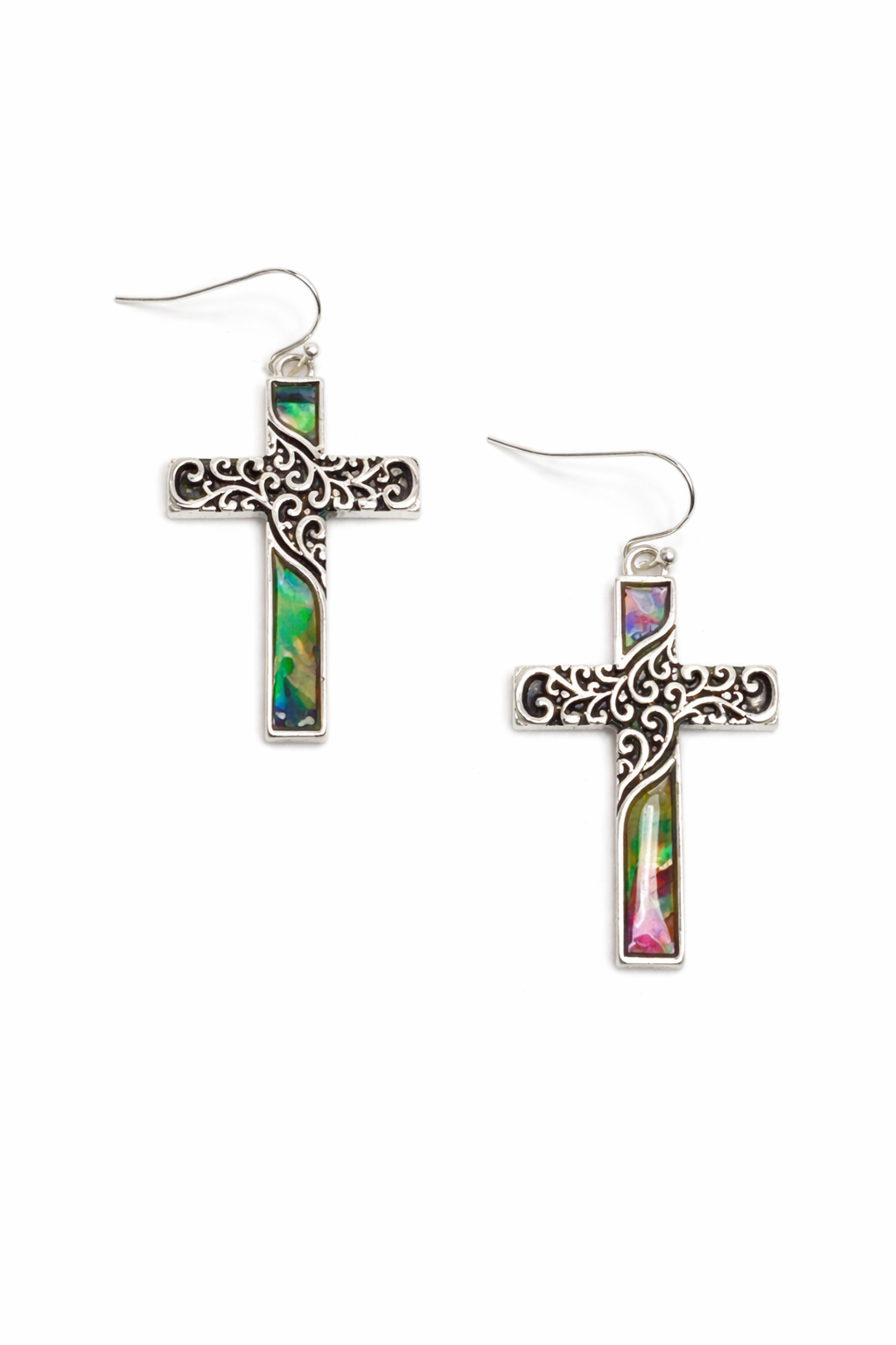 Cross-shaped earrings with colorful inlay on a white background