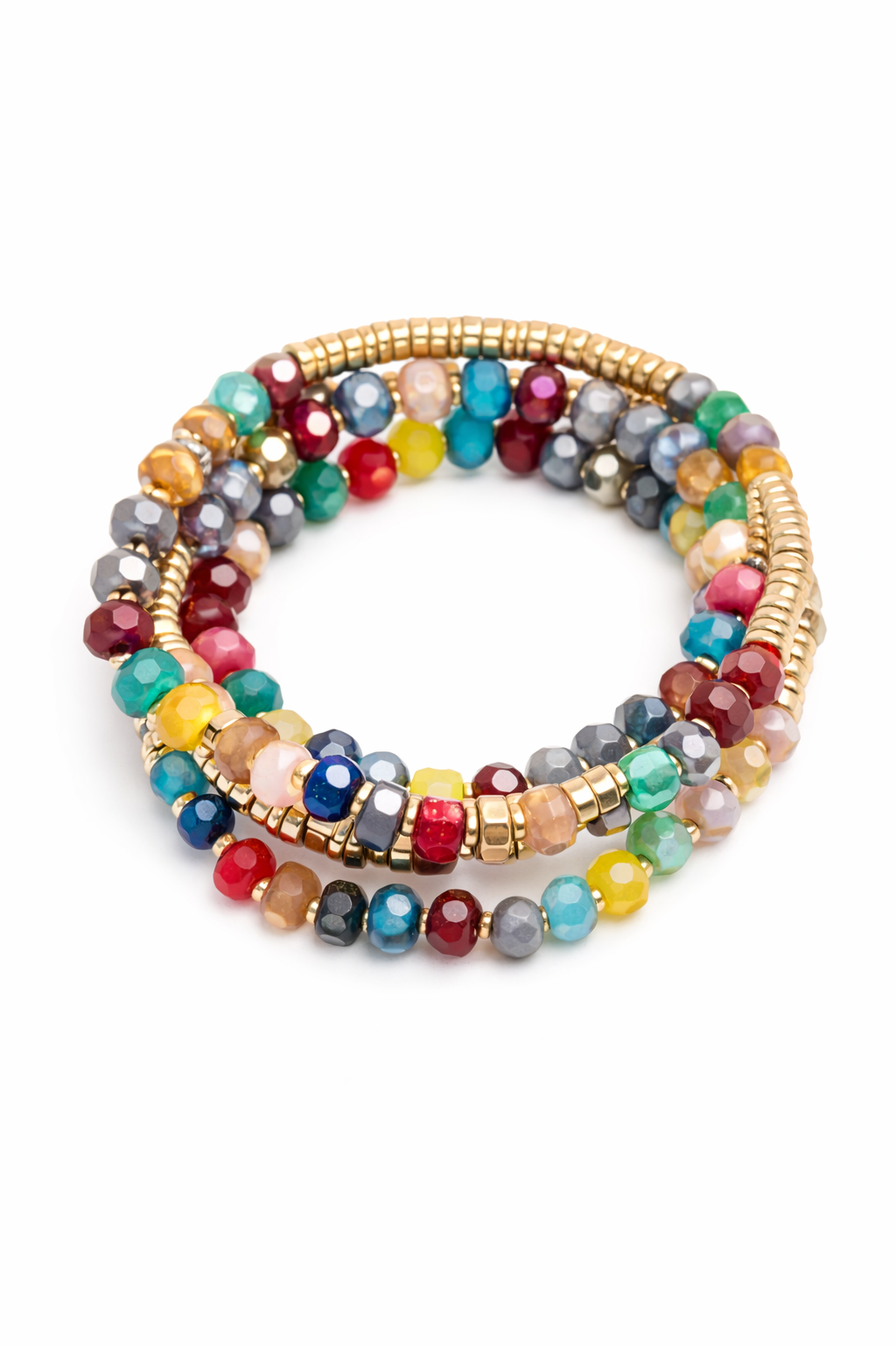 Multicolored beaded bracelet with gold accents on a white background