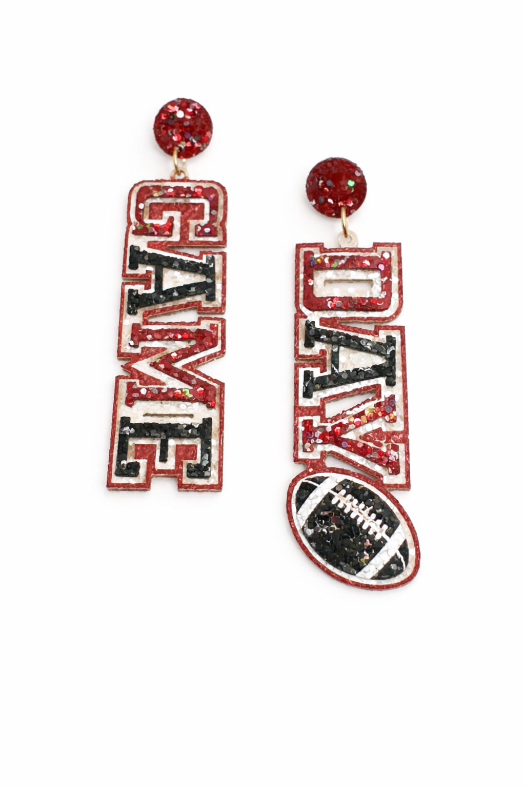 Earrings with 'GAME' and 'OFF' text on a white background