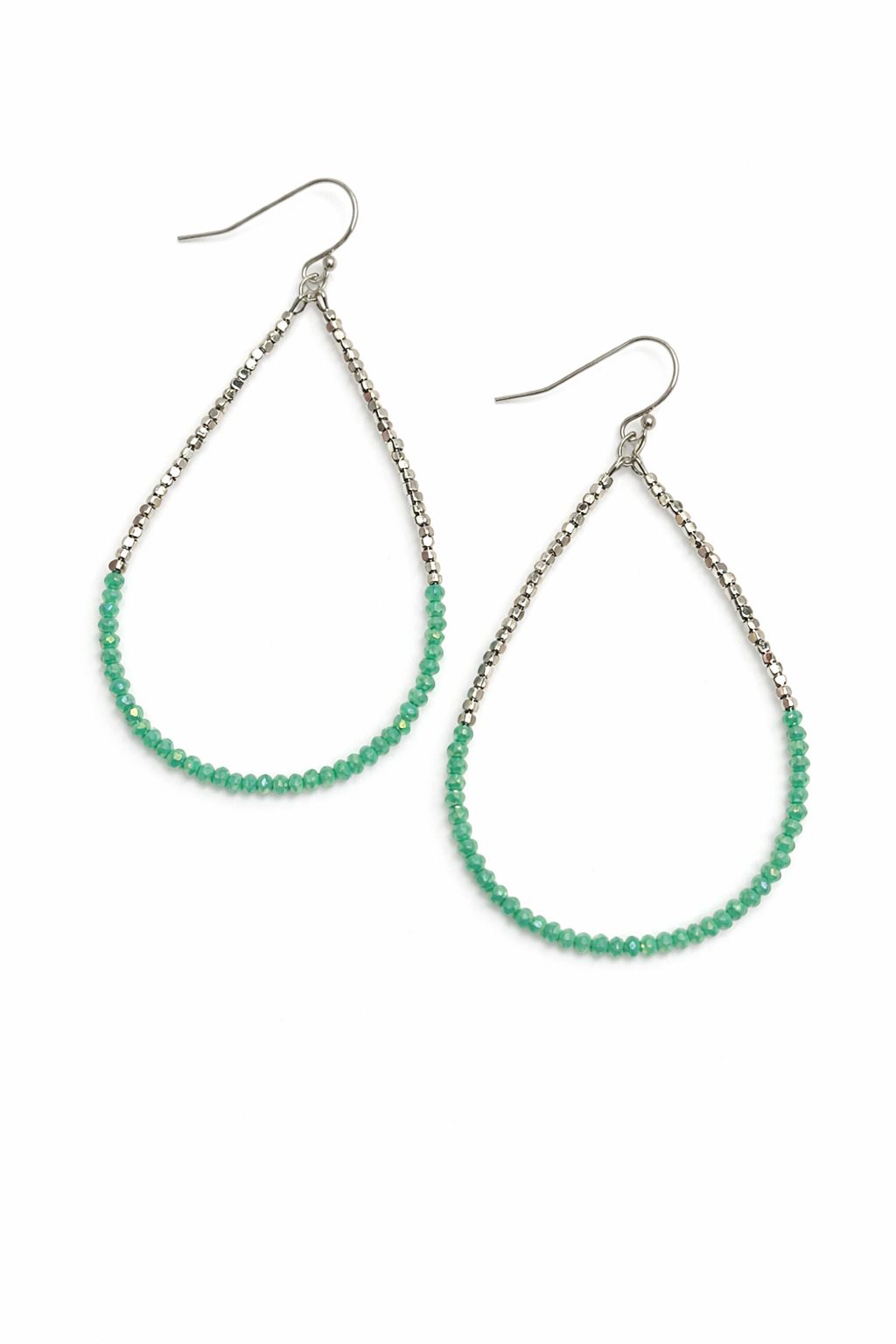 Teardrop-shaped earrings with green beads on silver chains against a white background