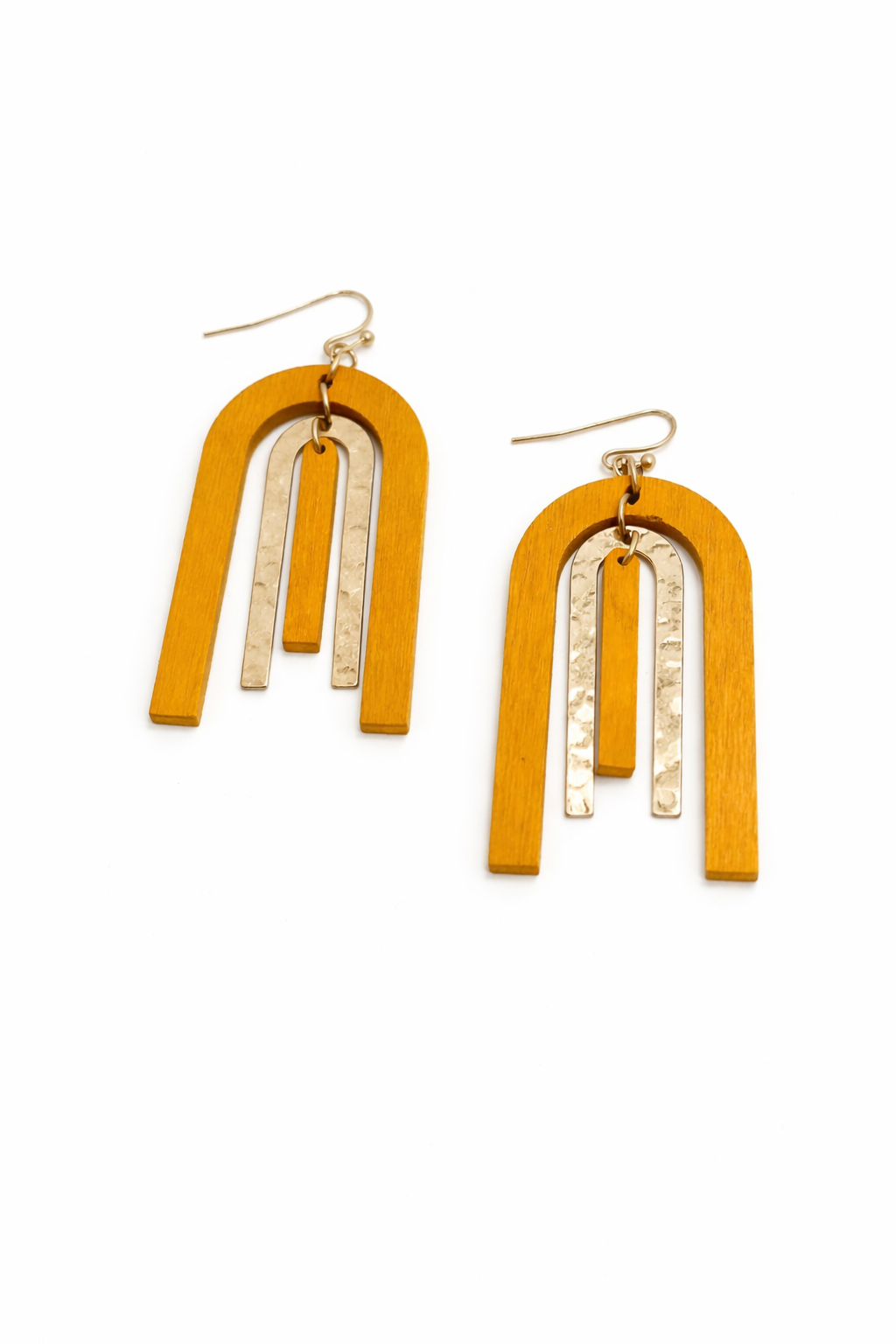 Pair of yellow arch-shaped earrings with gold accents on a white background
