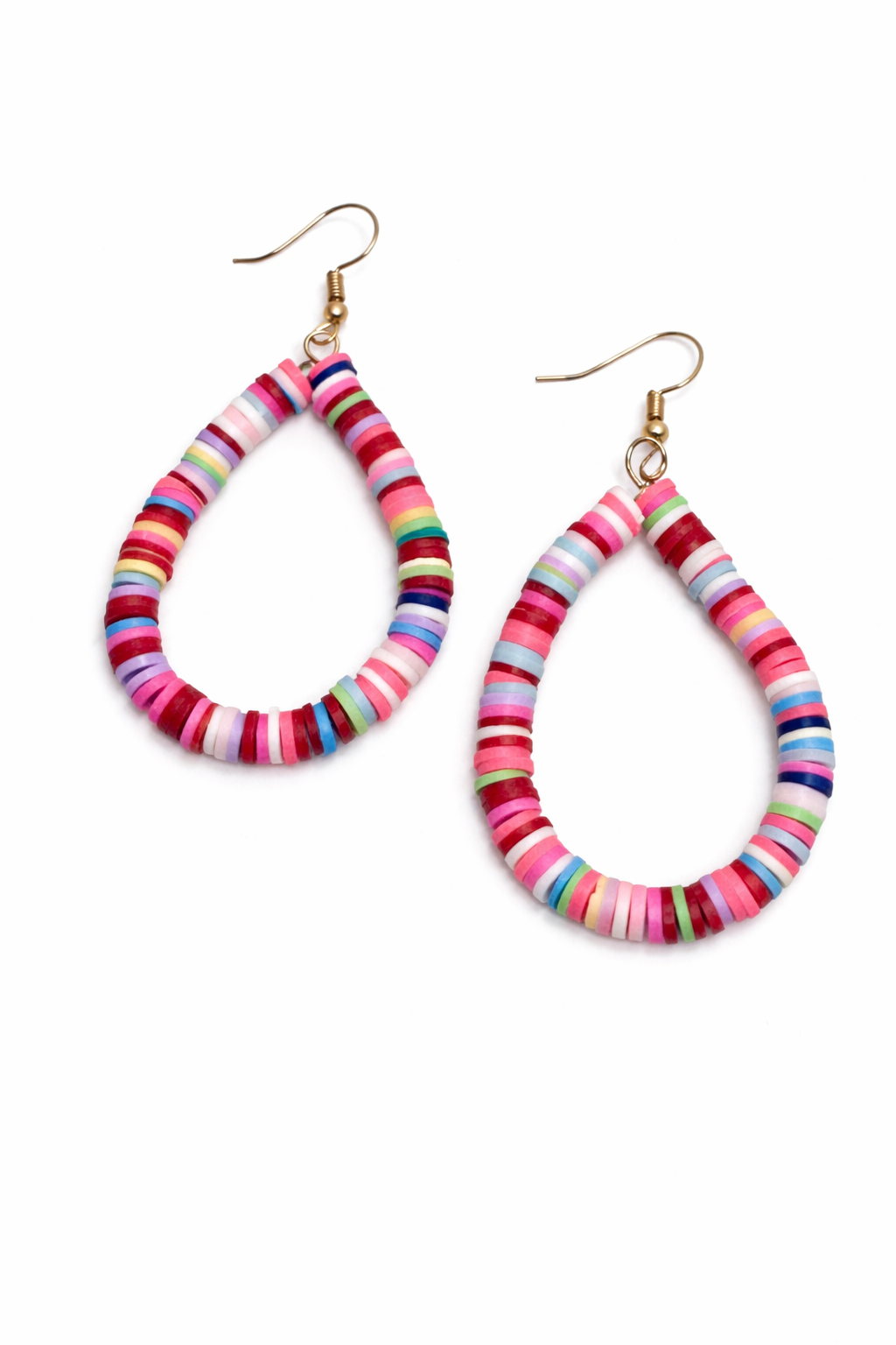 Colorful hoop earrings on a white background