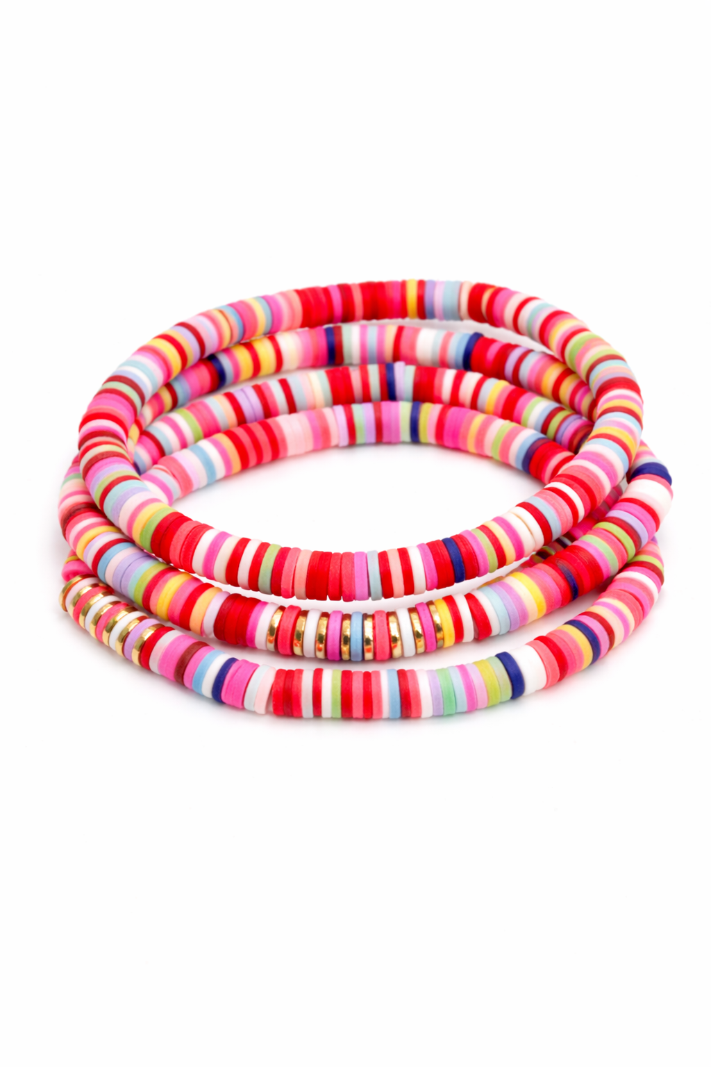 Set of colorful striped bracelets on a white background