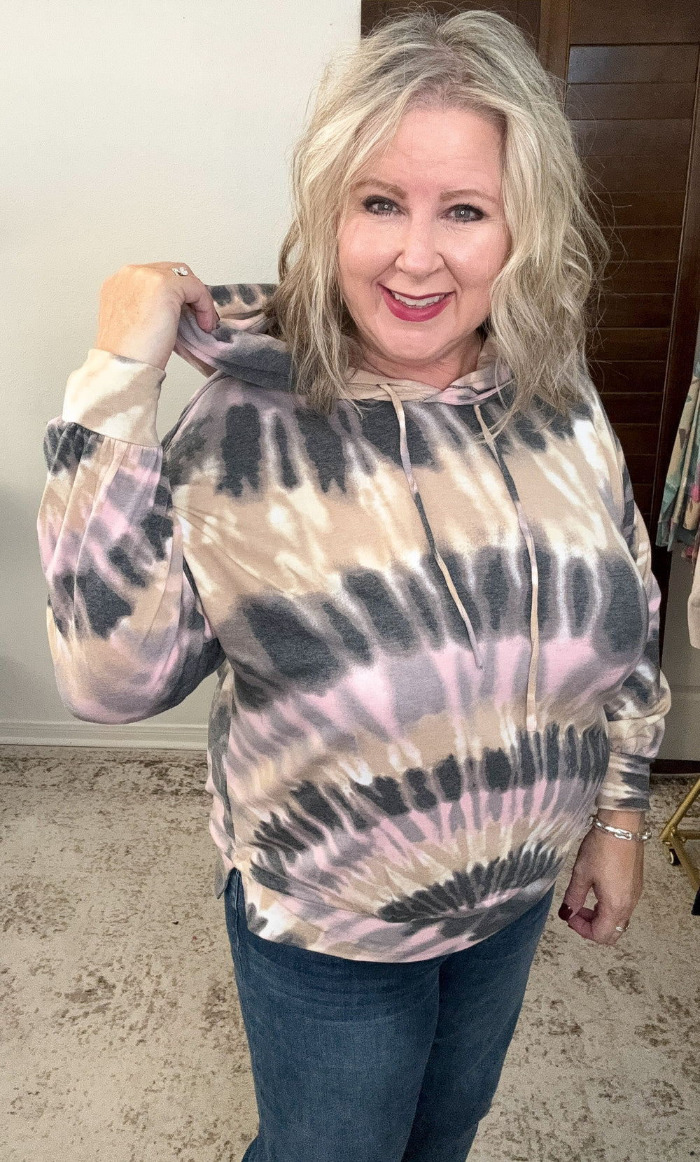 side view of neutral tie dye hoodie