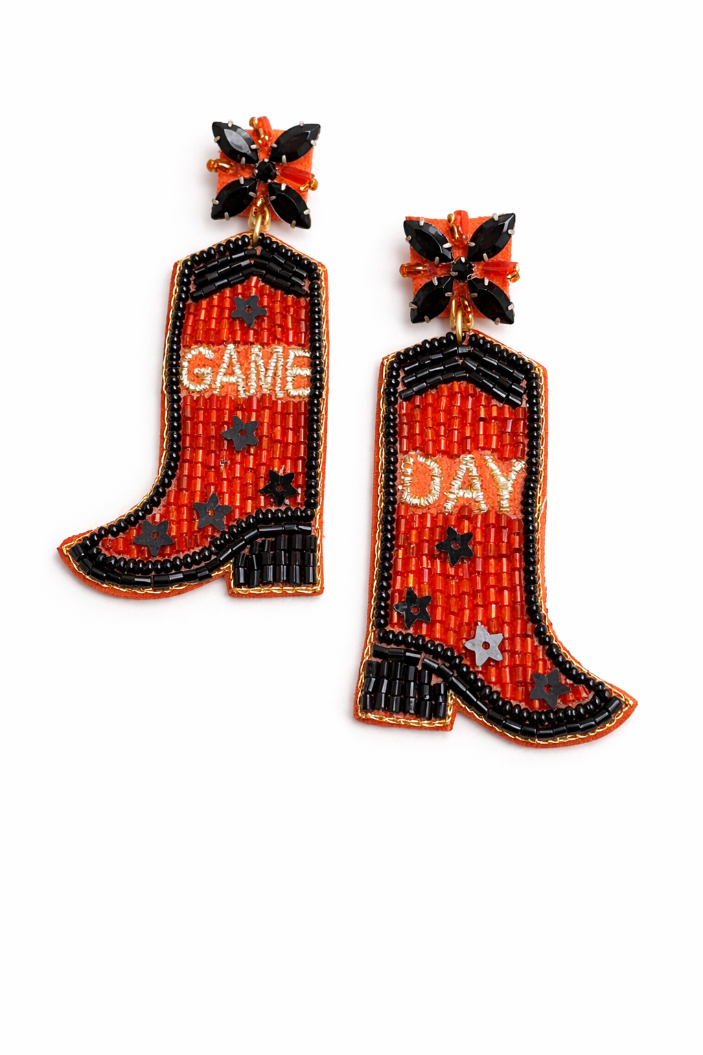 Cowboy boot earrings with 'Game Day' text on a white background