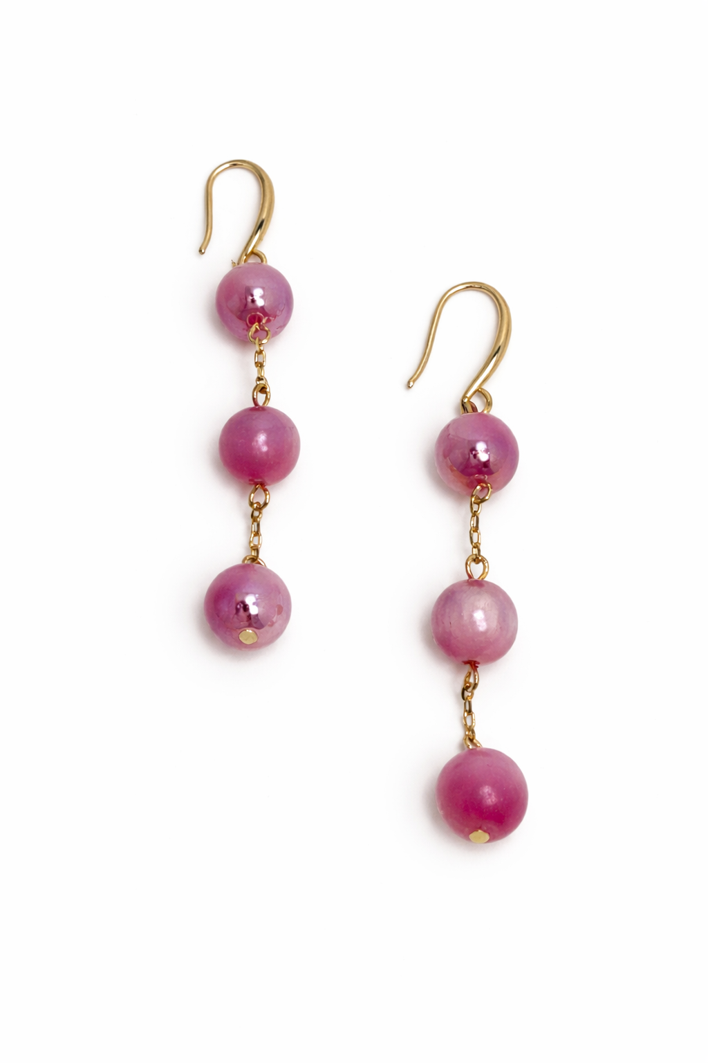 Pair of pink beaded earrings with gold hooks on a white background