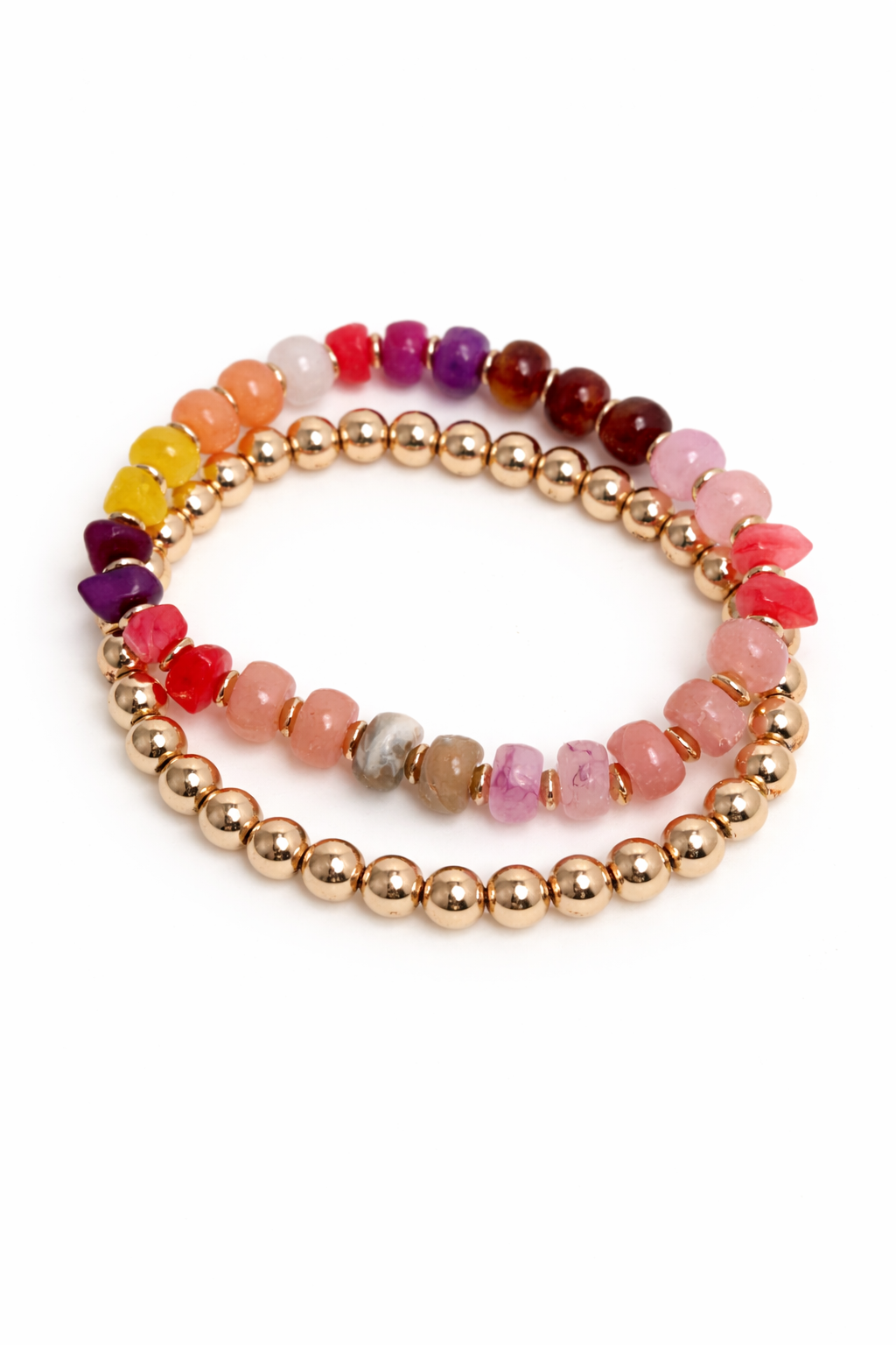 Set of three beaded bracelets with gold, multicolor, and pink beads on a white background