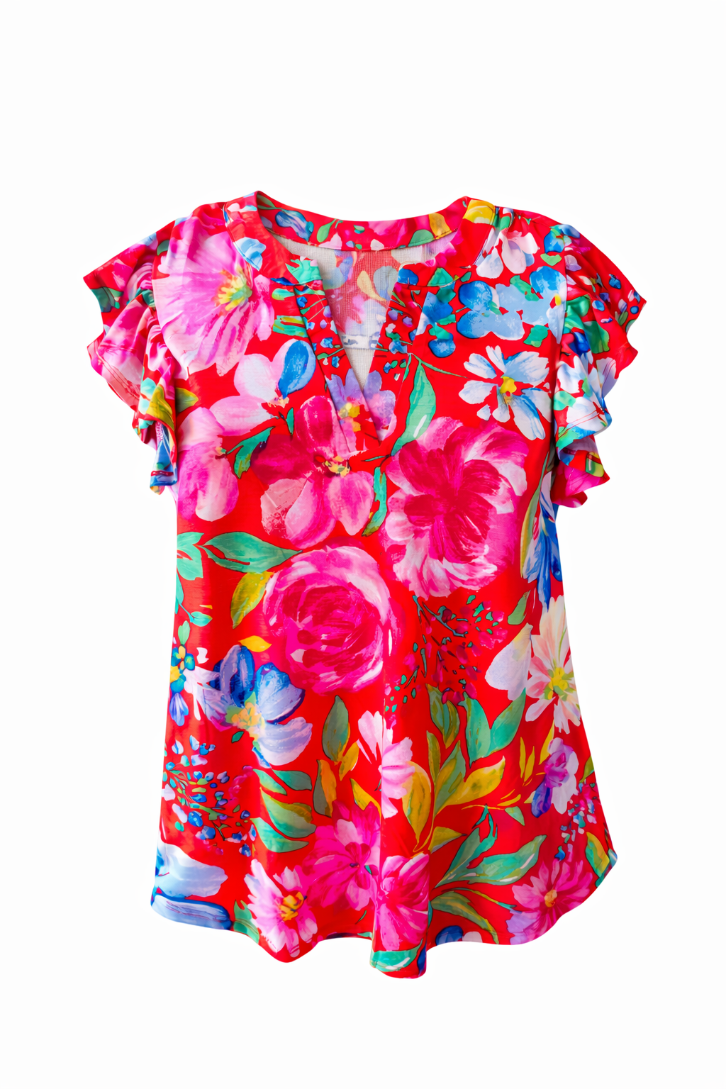 Colorful floral blouse on a white background