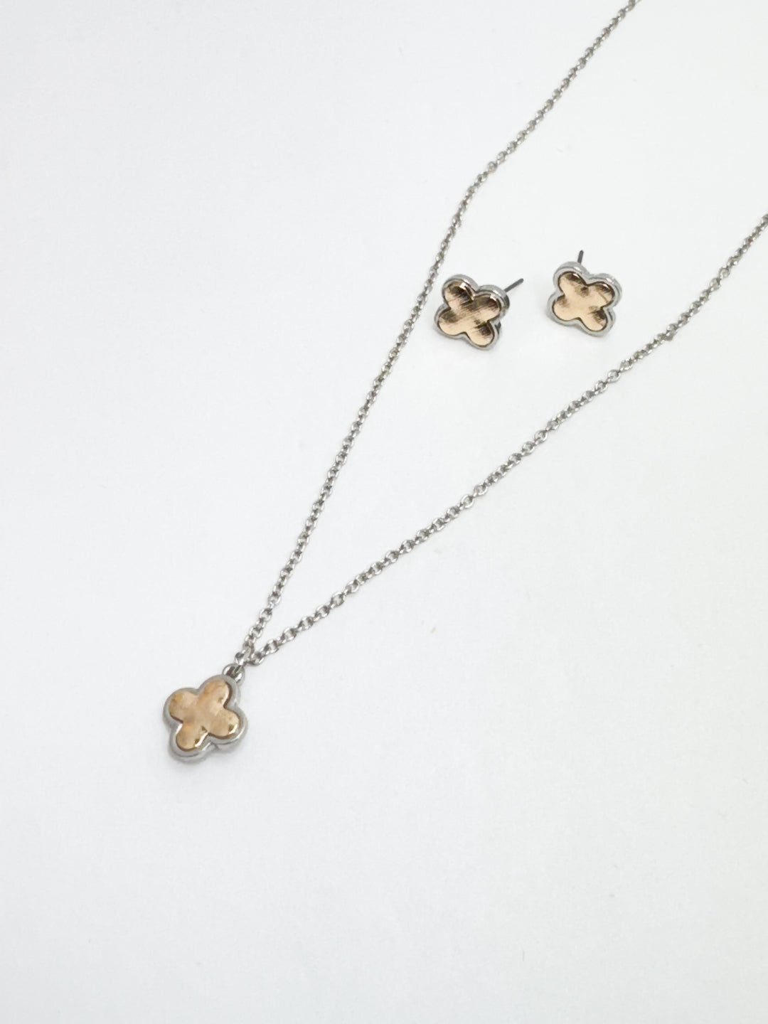 simple gold silver clover necklace and matching earrings