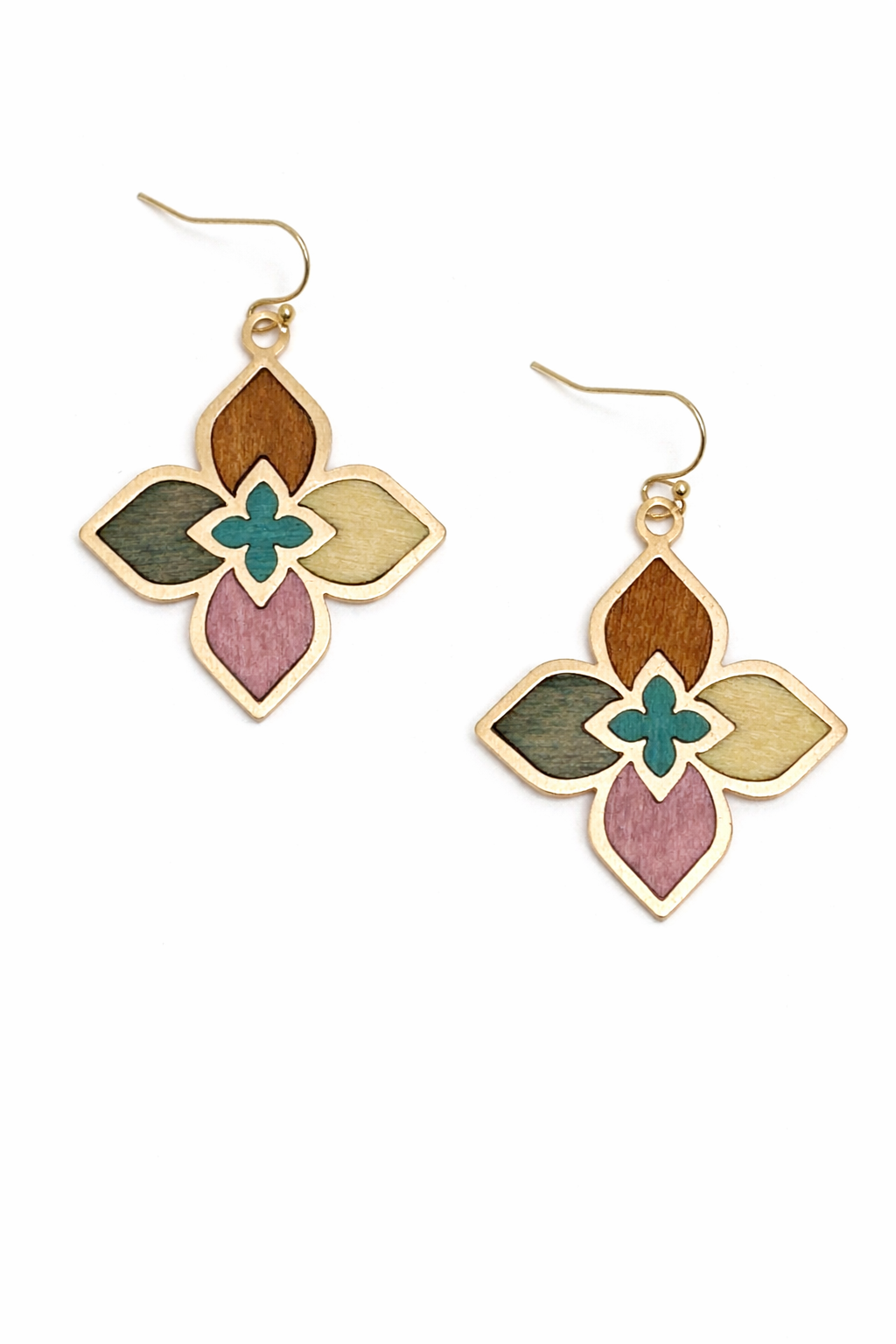 Pair of floral-shaped earrings with multicolored design on a white background