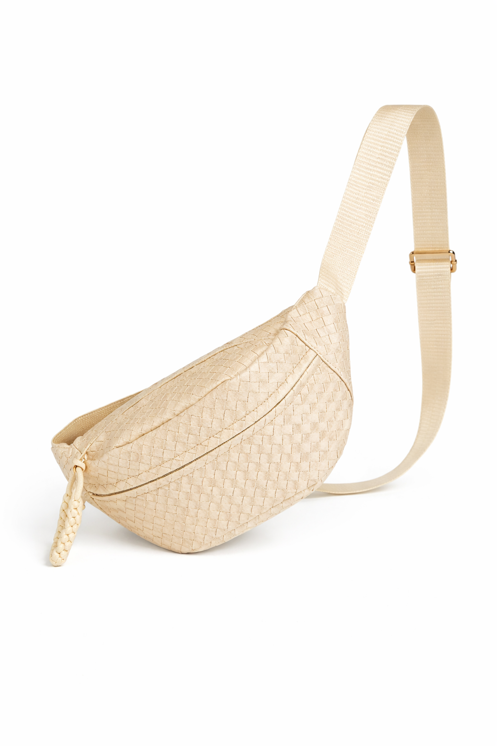 Beige woven belt bag on a white background