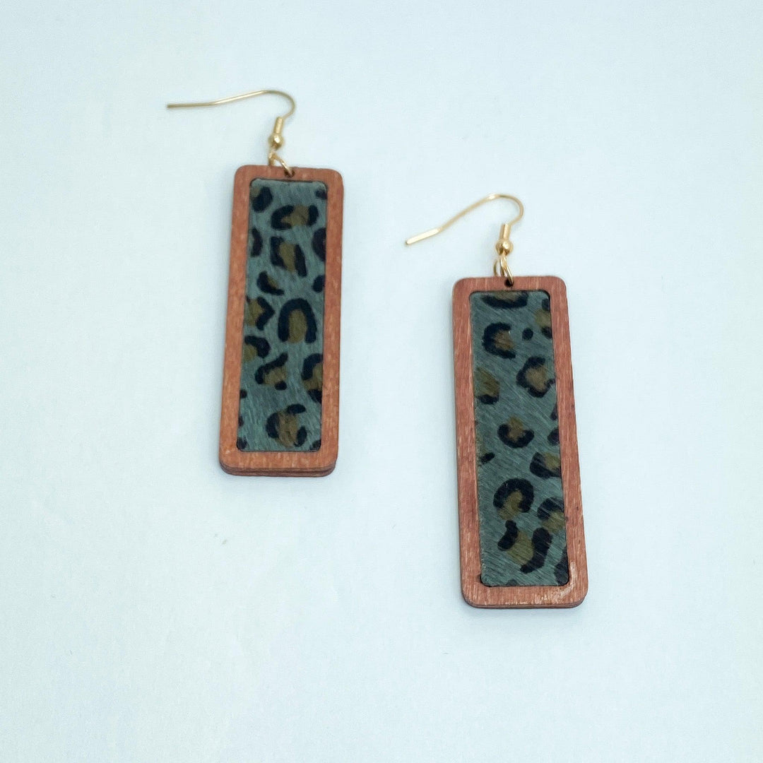 Grey & Brown Leopard Wooden Earrings on white background