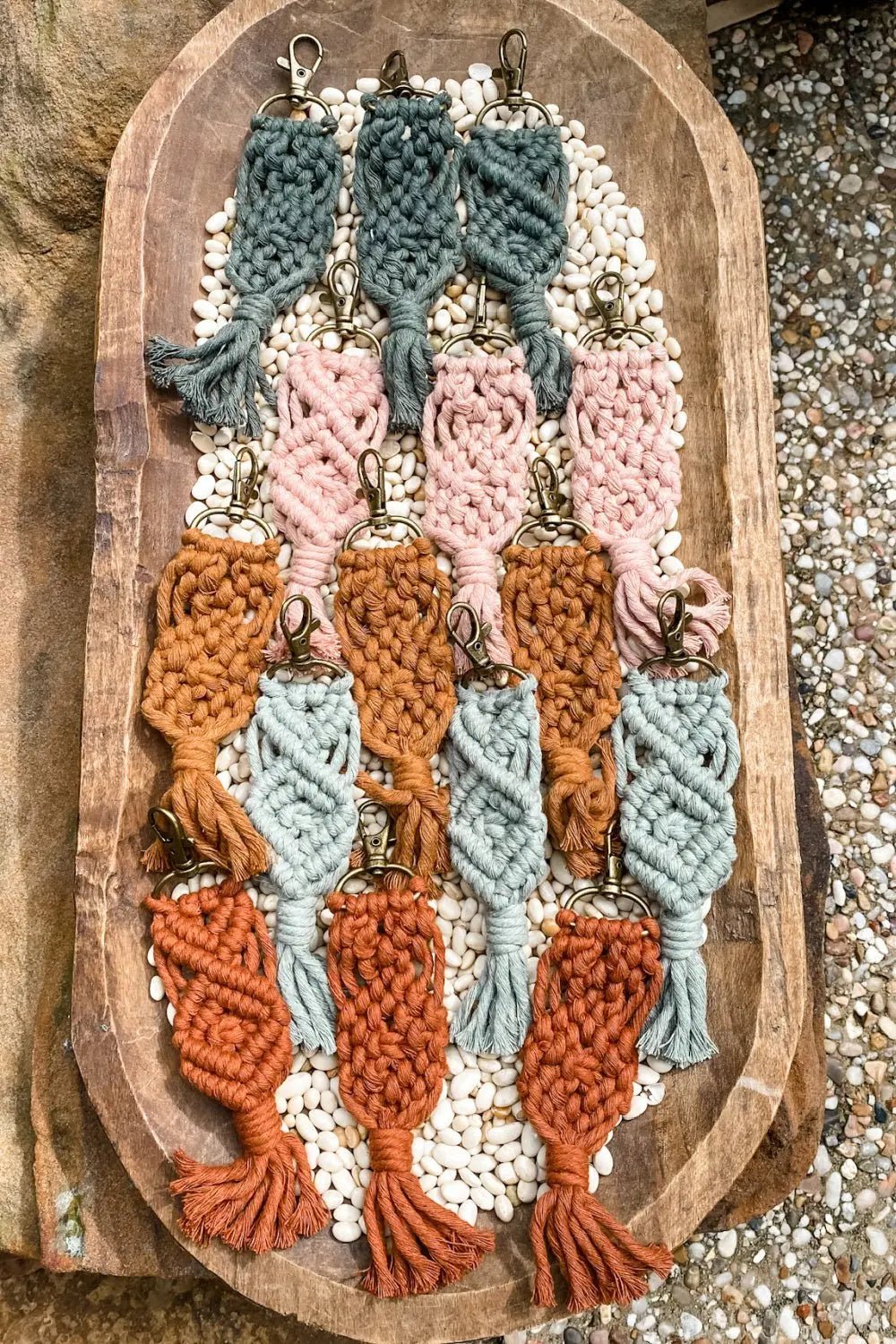 handmade macrame keychains in bowl