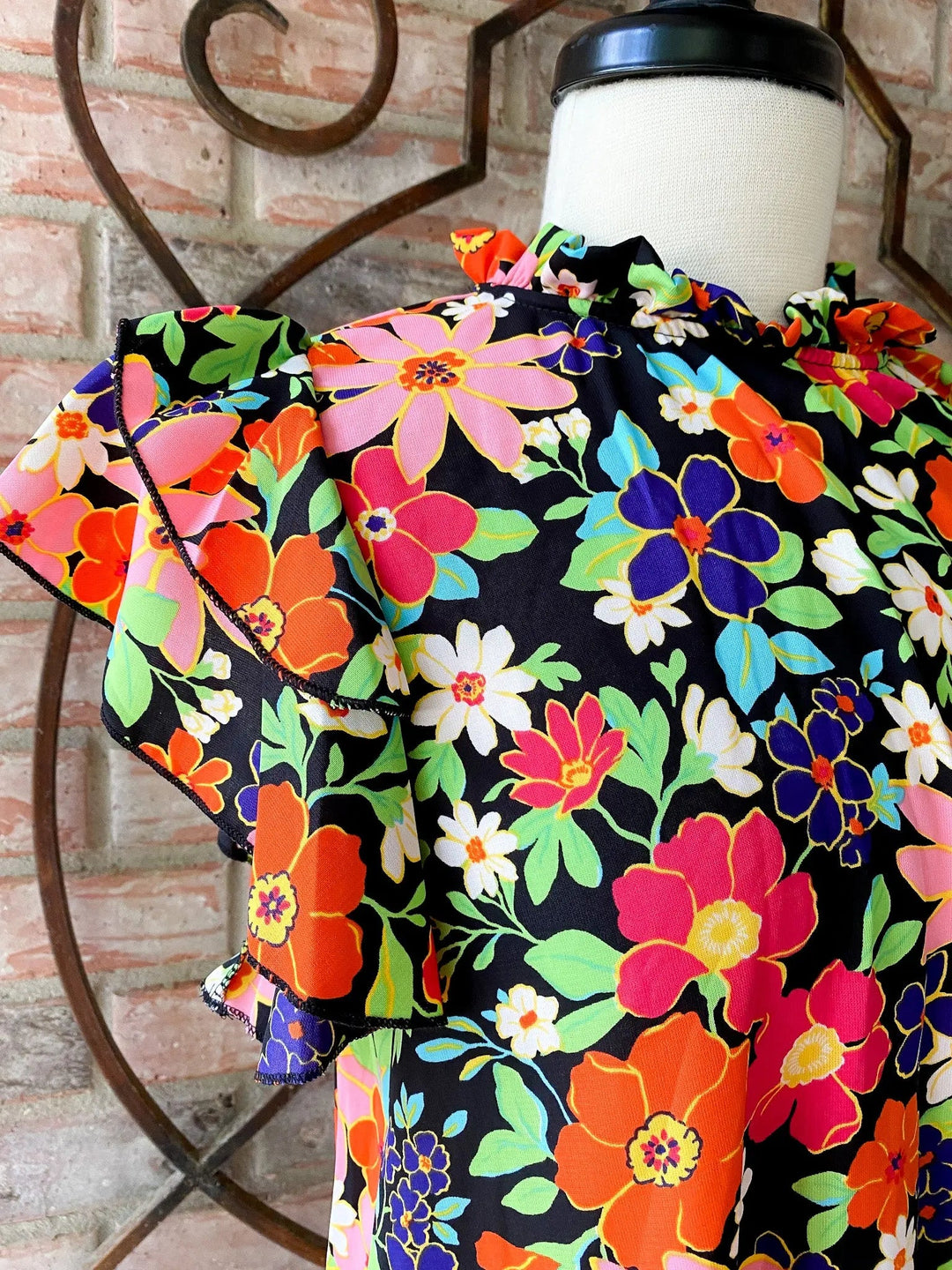 Black Floral Frilled Sleeve Top - Lucy Doo