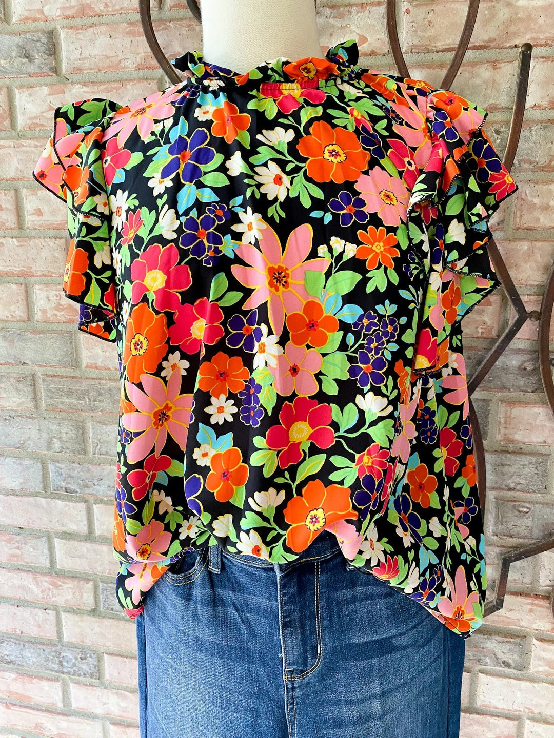 Black Floral Frilled Sleeve Top - Lucy Doo