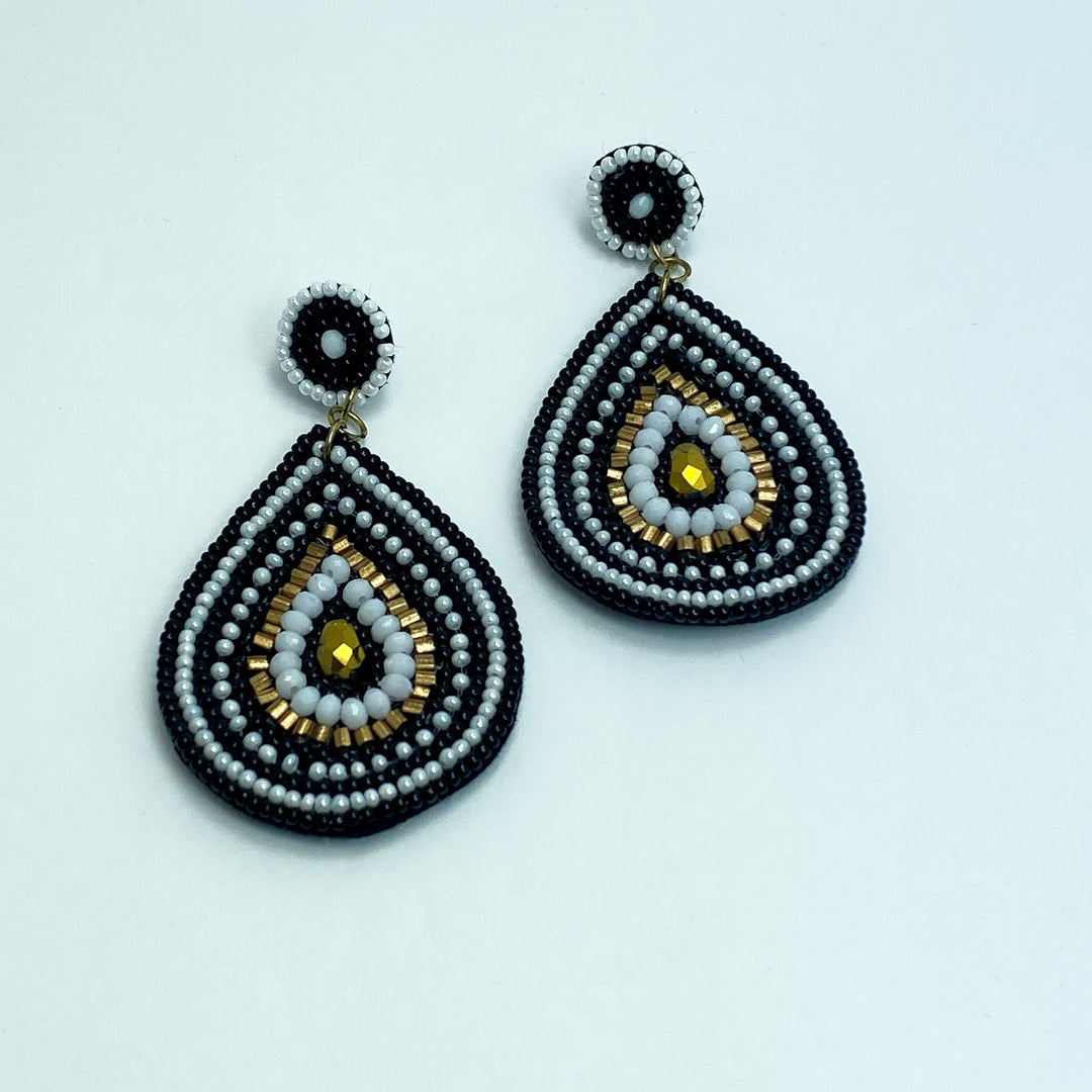 Black Gold White Beaded Statement Earrings - Lucy Doo