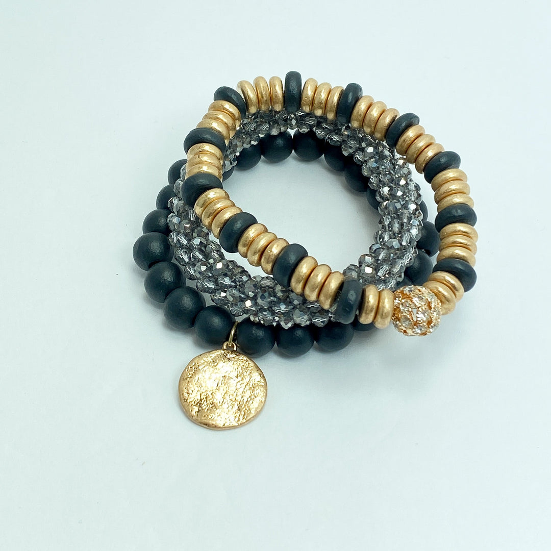 Black & Grey Cluster Bead w/ Gold Accents Bracelet Set - Lucy Doo