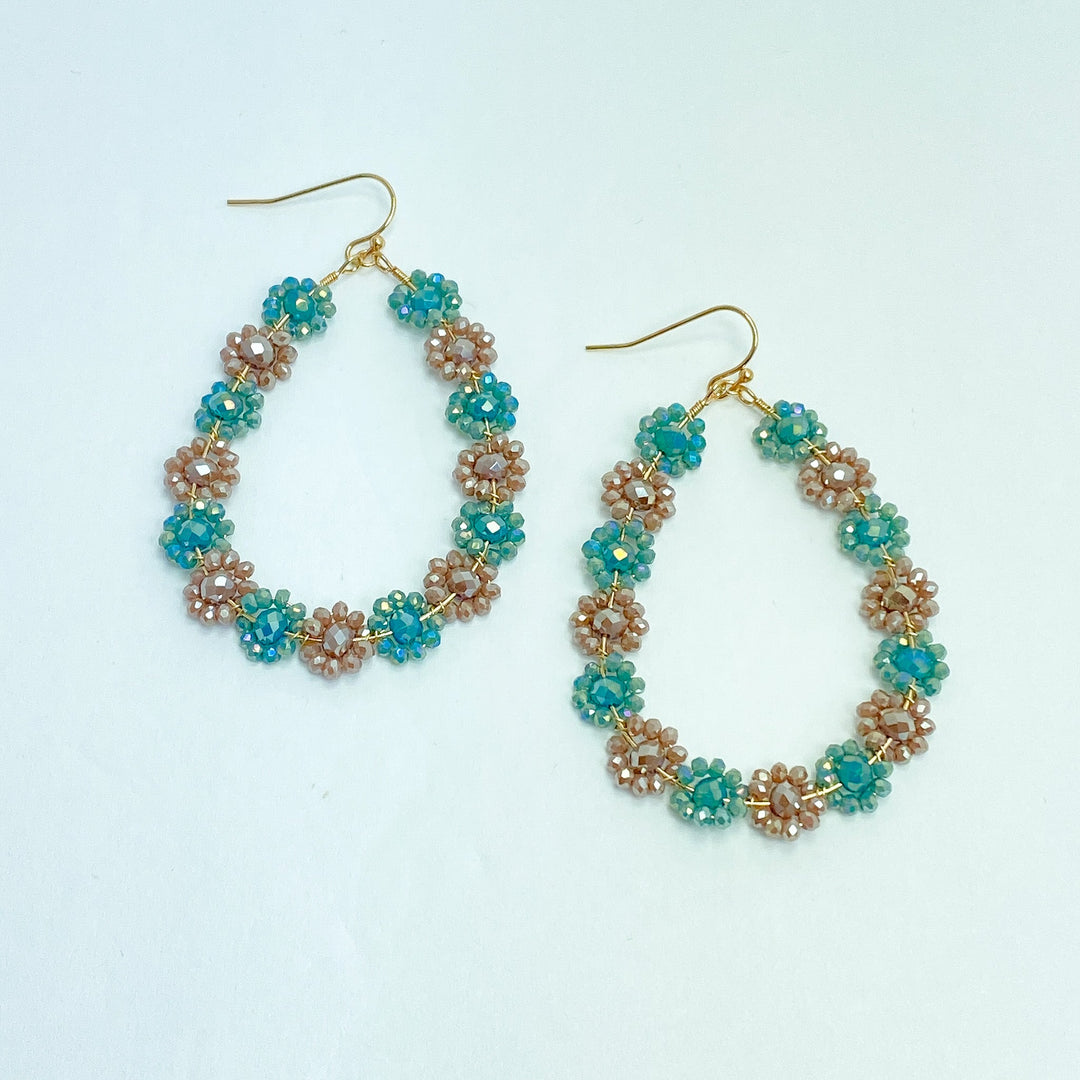 Blue & Taupe Beaded Flower Earrings - Lucy Doo