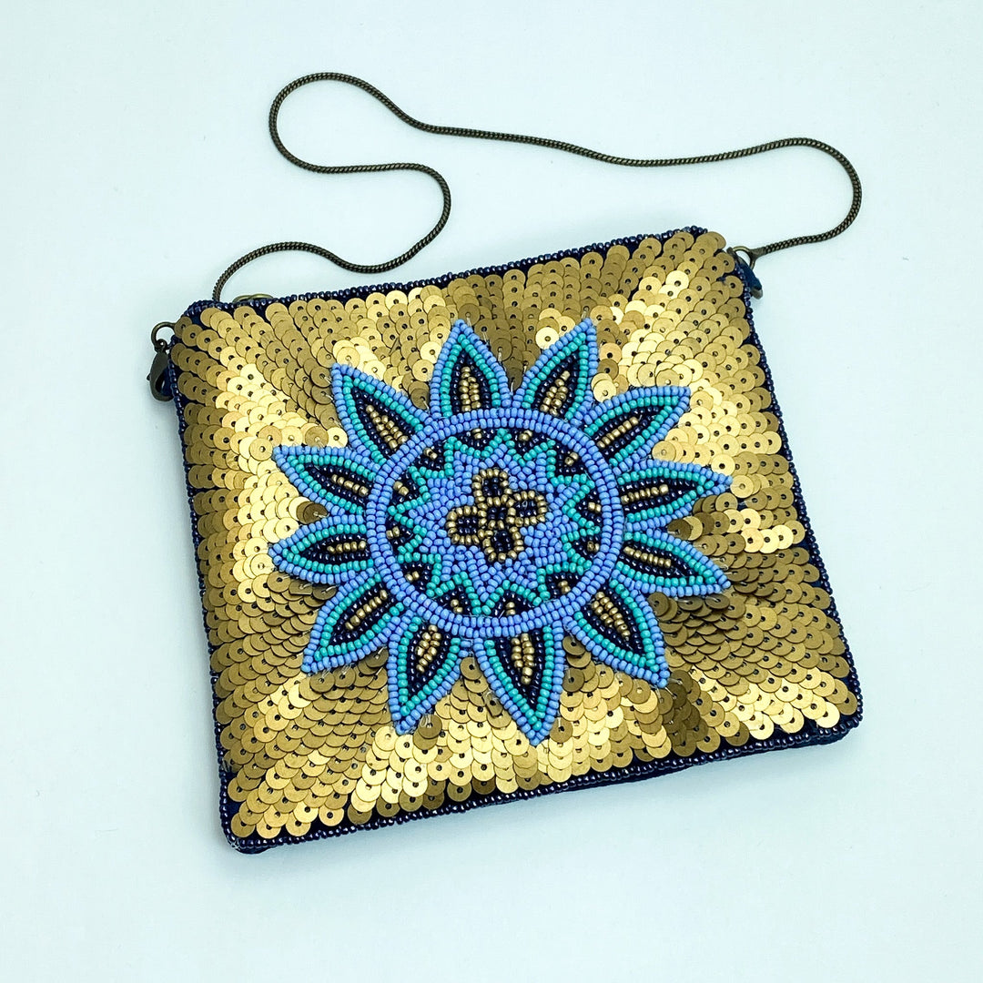 Bronze Zipper Pouch w/ Turquoise Flower Detail - Lucy Doo