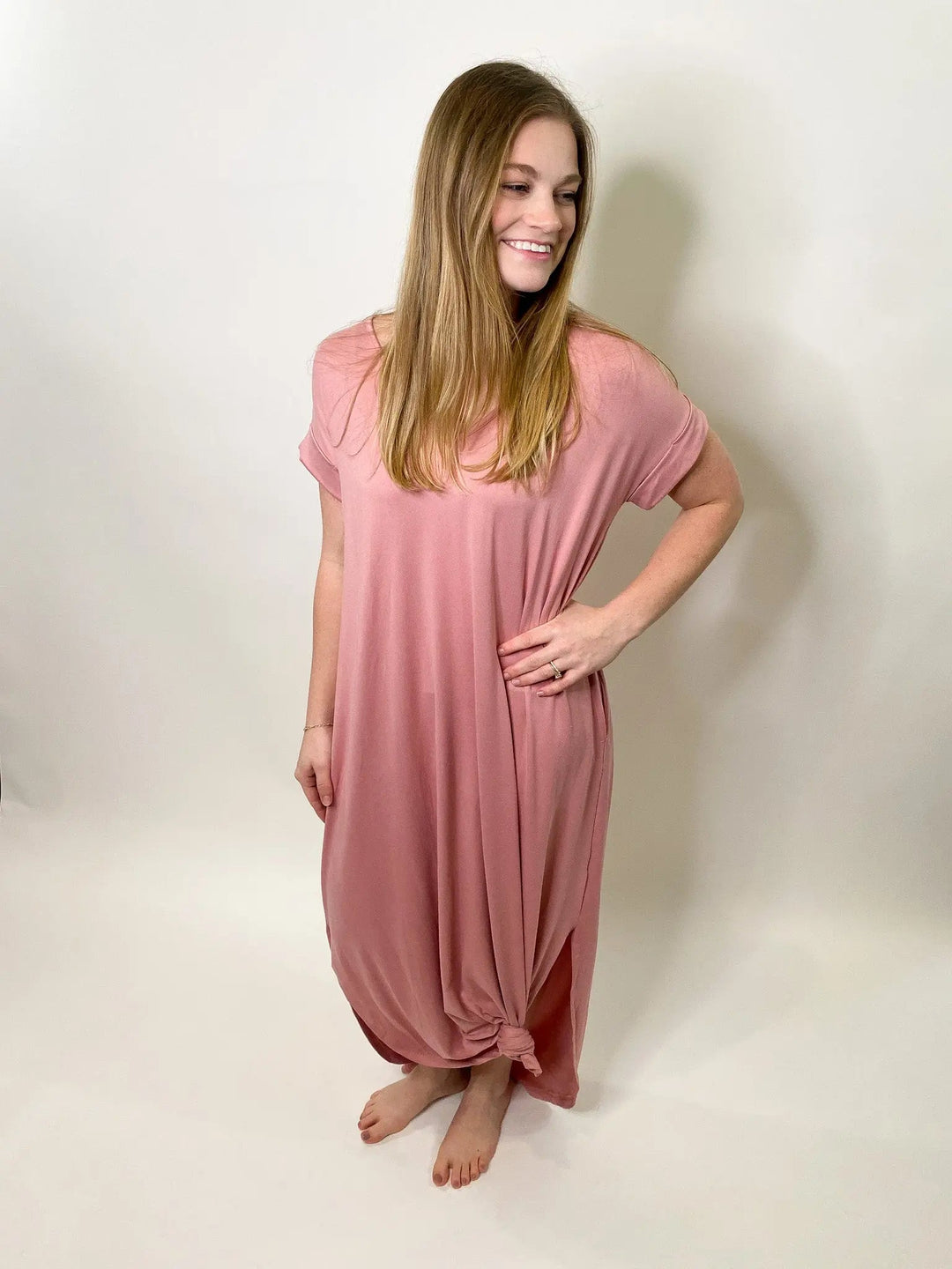 Buttery Soft V-Neck Tshirt Maxi Dress- Dusty Rose - Lucy Doo
