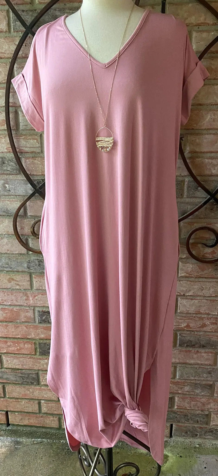Buttery Soft V-Neck Tshirt Maxi Dress- Dusty Rose - Lucy Doo