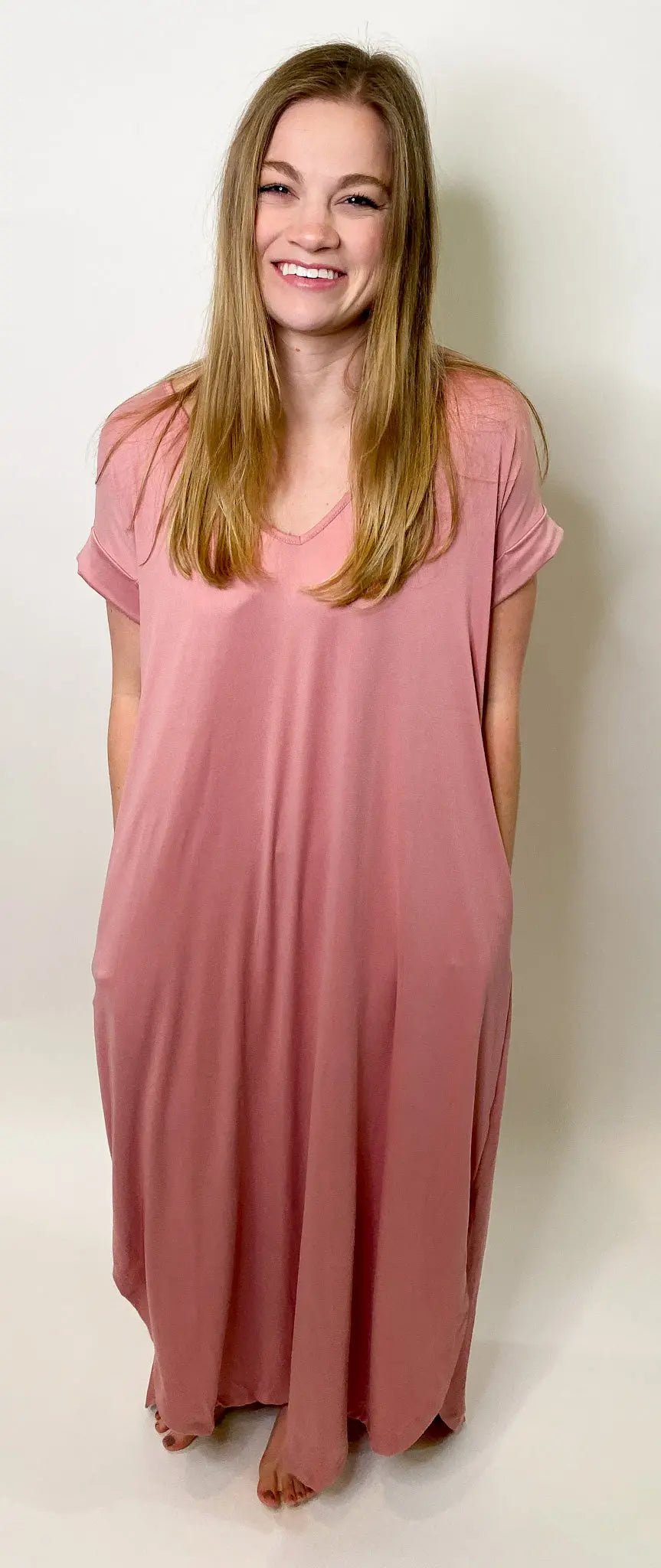 Buttery Soft V-Neck Tshirt Maxi Dress- Dusty Rose - Lucy Doo