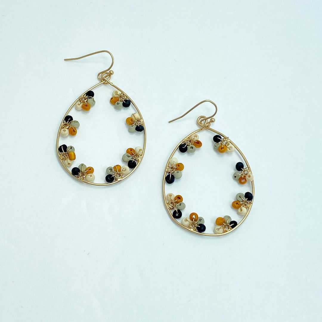 Cream Black & Gold Teardrop Beaded Earrings - Lucy Doo