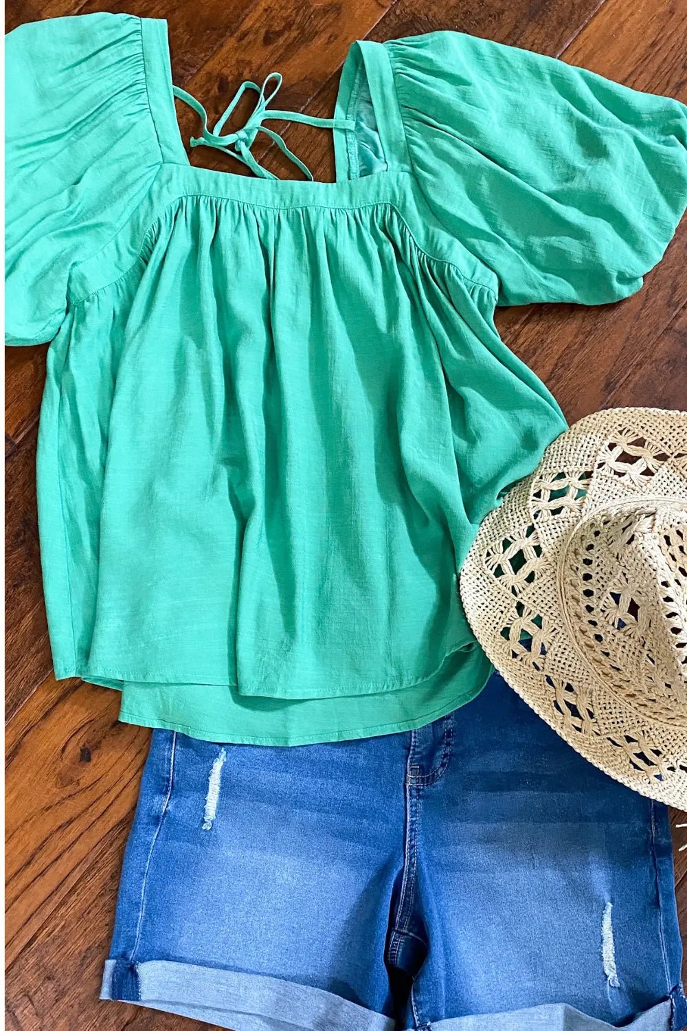 Kelly Green Flowy Top with Bubble Sleeves - Lucy Doo