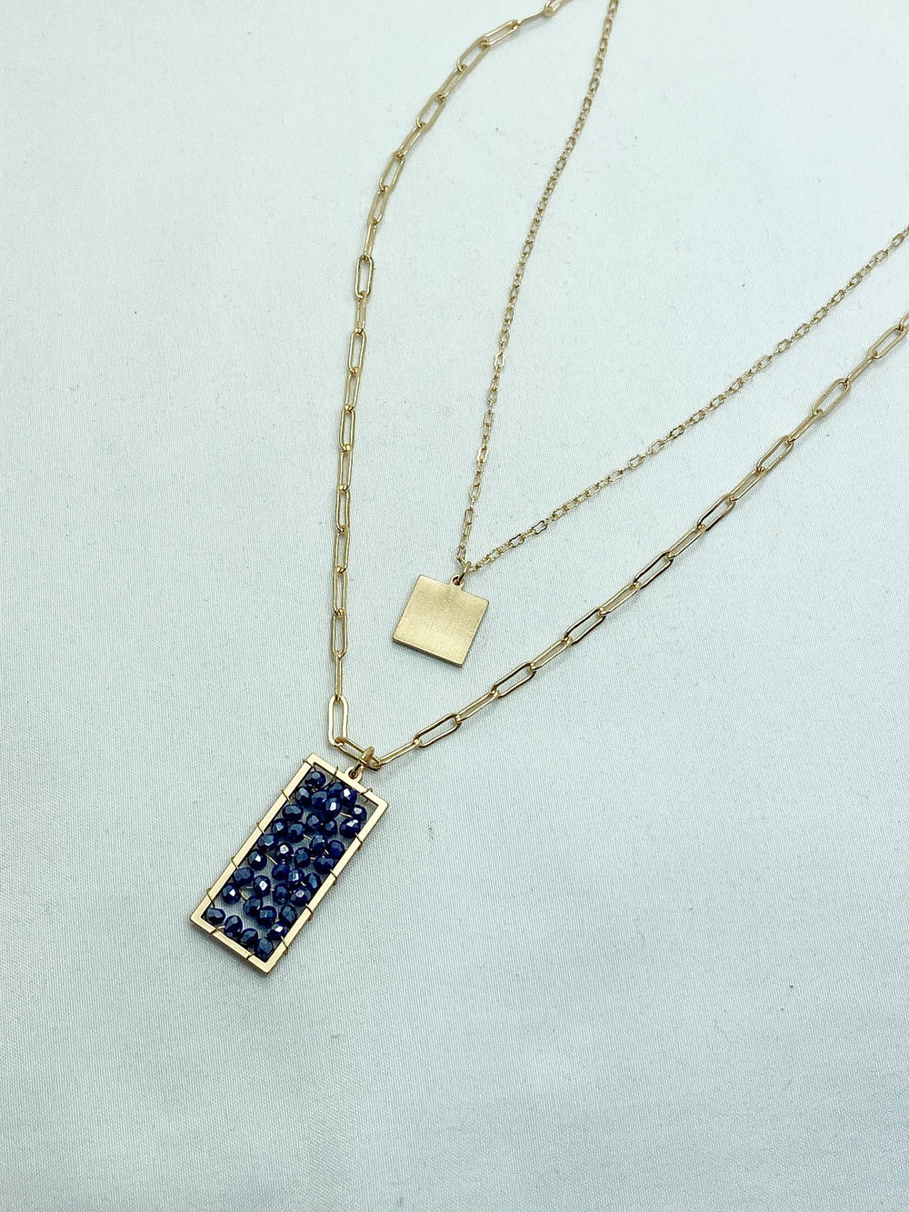 Layered Gold Necklace w/ Navy Blue Beaded Pendant - Lucy Doo