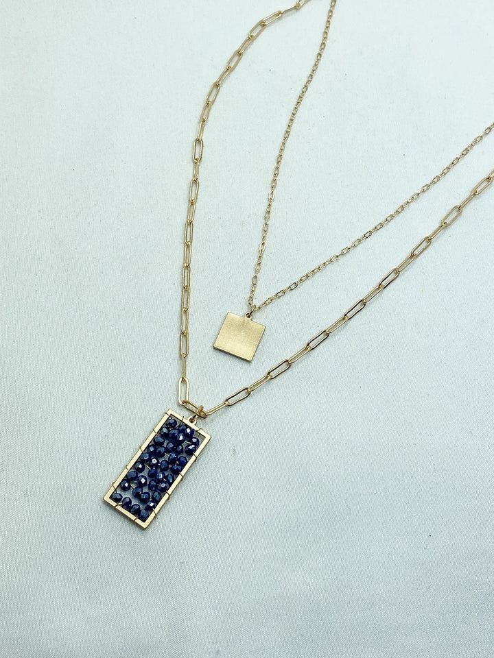 Layered Gold Necklace w/ Navy Blue Beaded Pendant - Lucy Doo