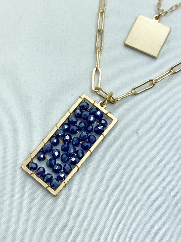 Layered Gold Necklace w/ Navy Blue Beaded Pendant - Lucy Doo