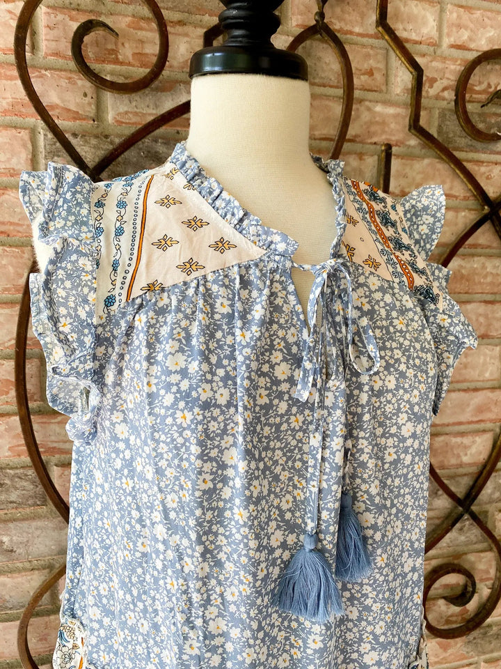 Light Denim Mixed Print Top w/ Flutter Sleeves - Lucy Doo