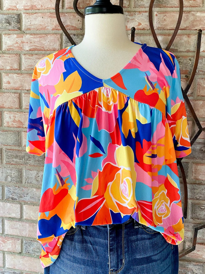 Orange & Yellow Geometric Floral Top - Lucy Doo