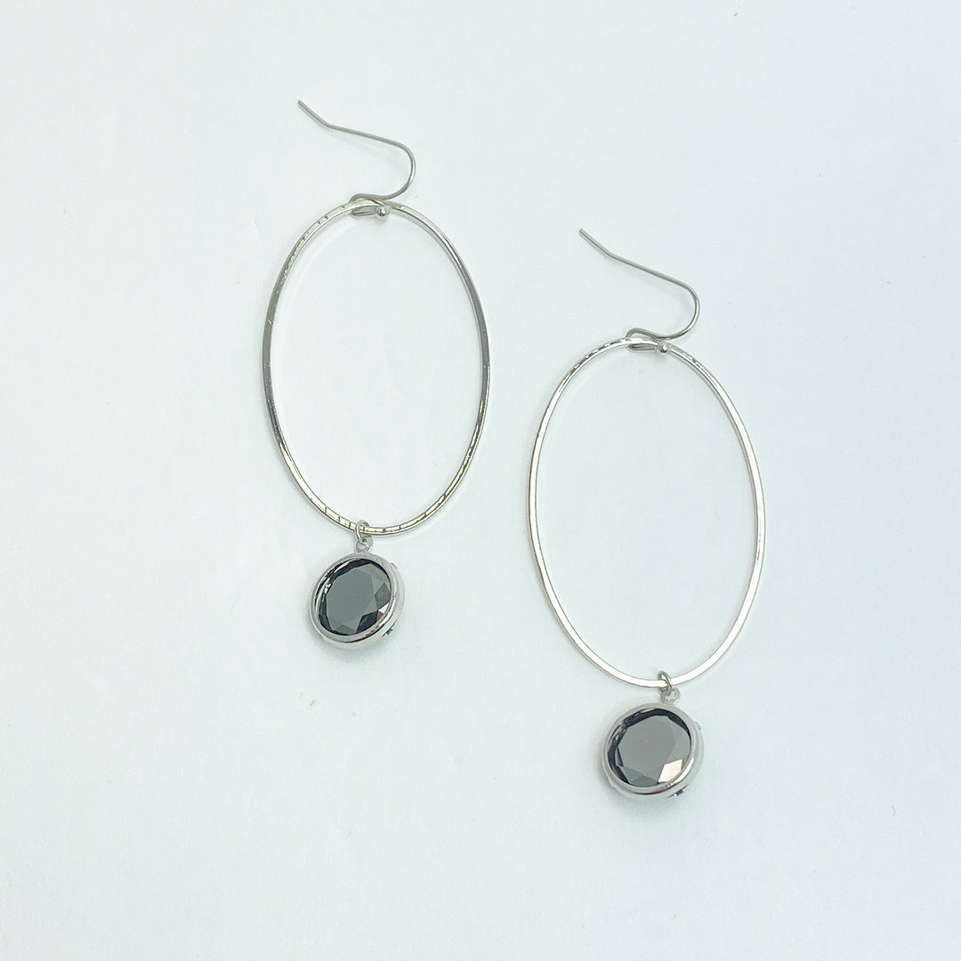 Silver Drop Earrings w/ Grey Rhinestone Charm - Lucy Doo