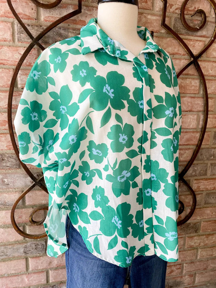 Spring Green Ivory & Blue Floral Top - Lucy Doo