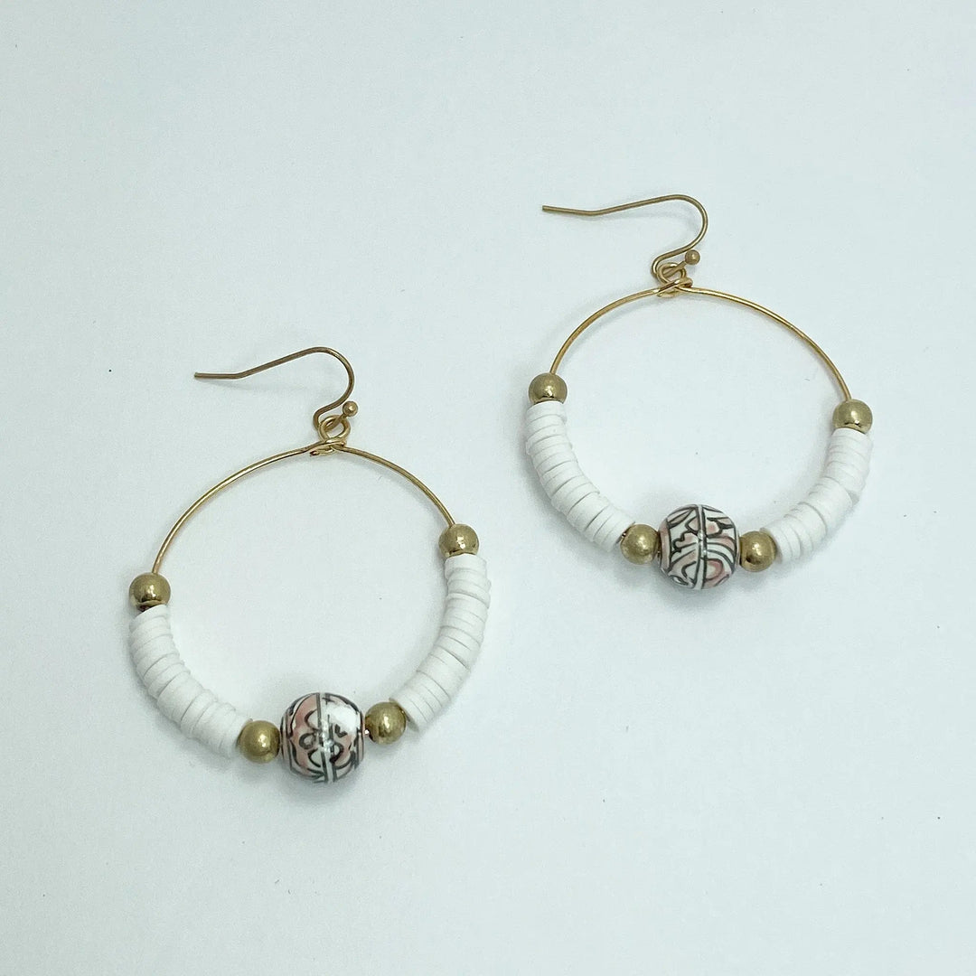 White Flatbeaded Earrings w/ Decorative Natural Bead Accent - Lucy Doo